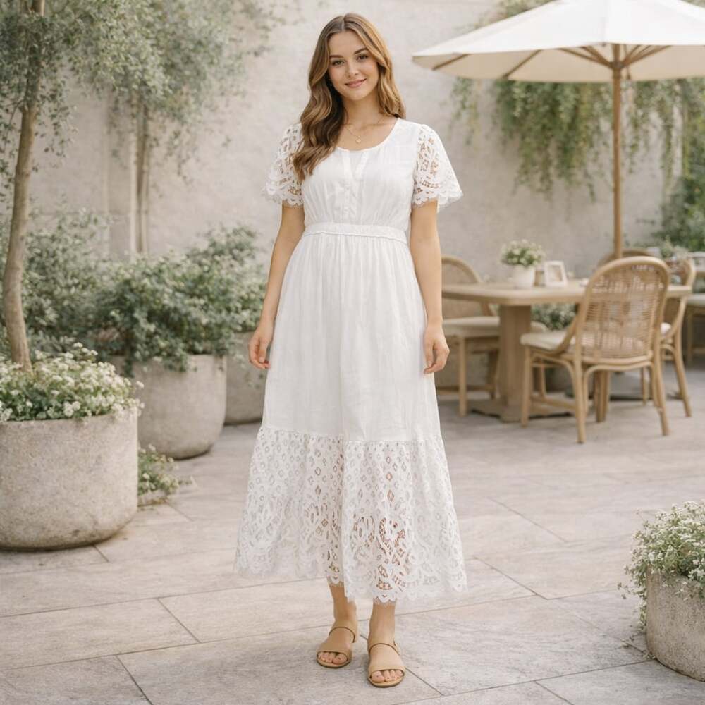 J GEE White Lace Trim Maxi Dress Short Sleeve Boho Cottagecore Size L